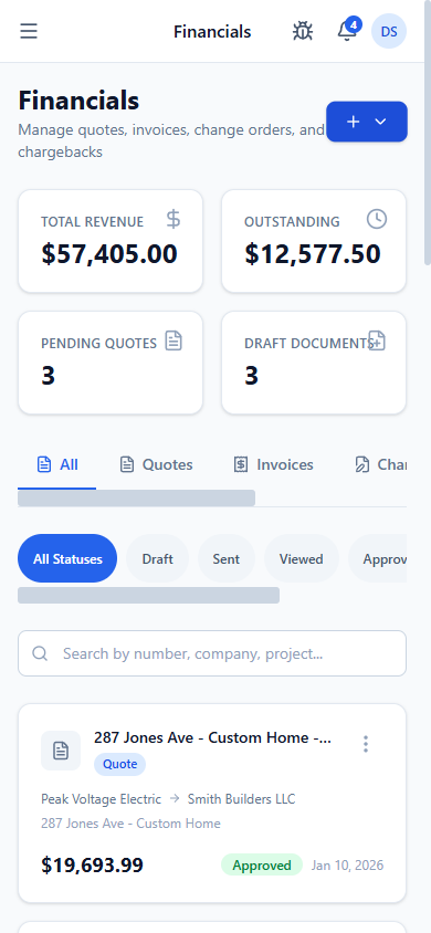 ContractorsChat Financials screen — quotes, invoices, change orders with status and totals