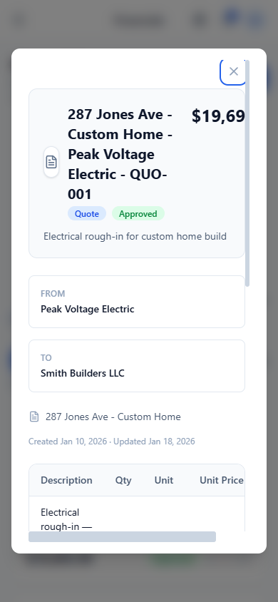 ContractorsChat quote detail — Peak Voltage Electric quote with line items, qty, unit price, totals, and approved status